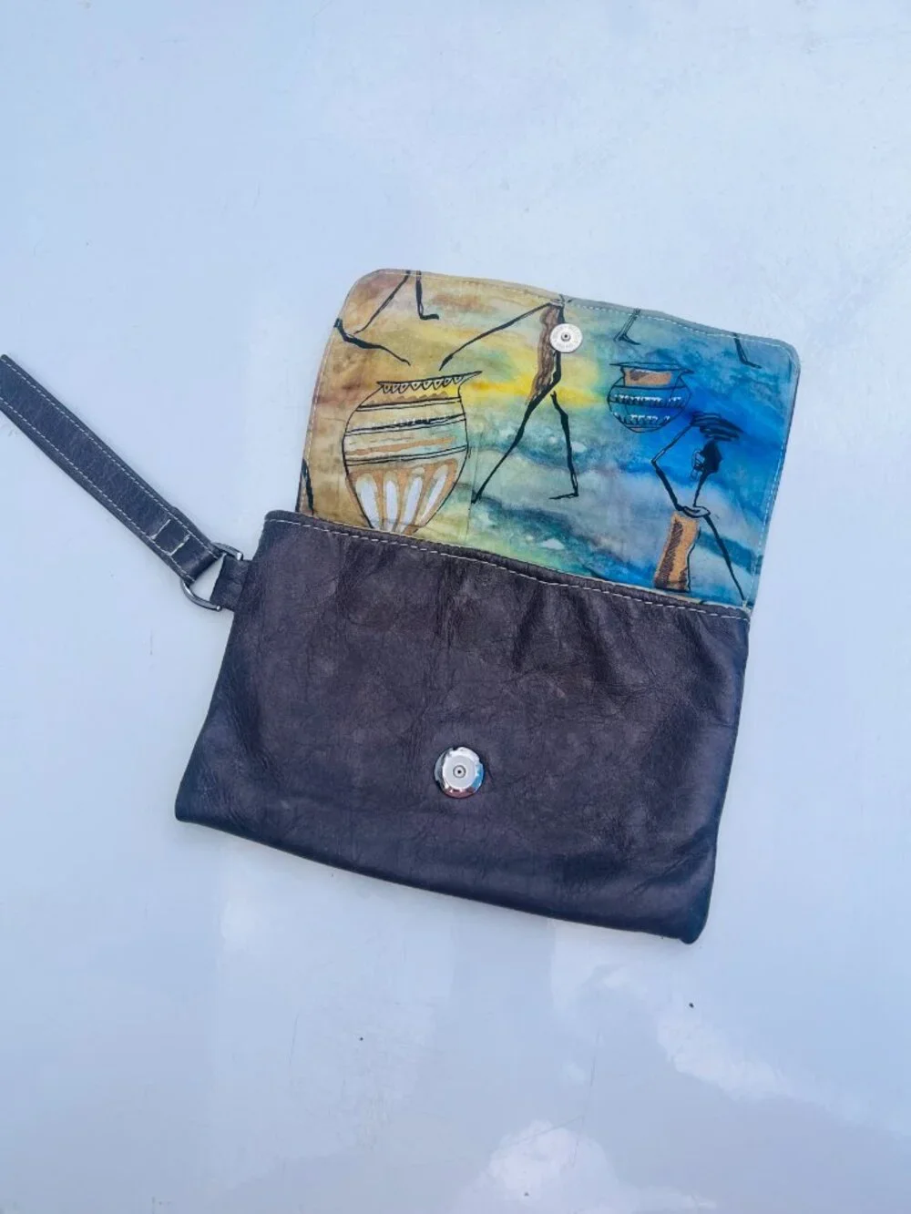 Jane Cooper Genuine Python & Leather Wristlet Clutch, Hand-Painted Desert Lining